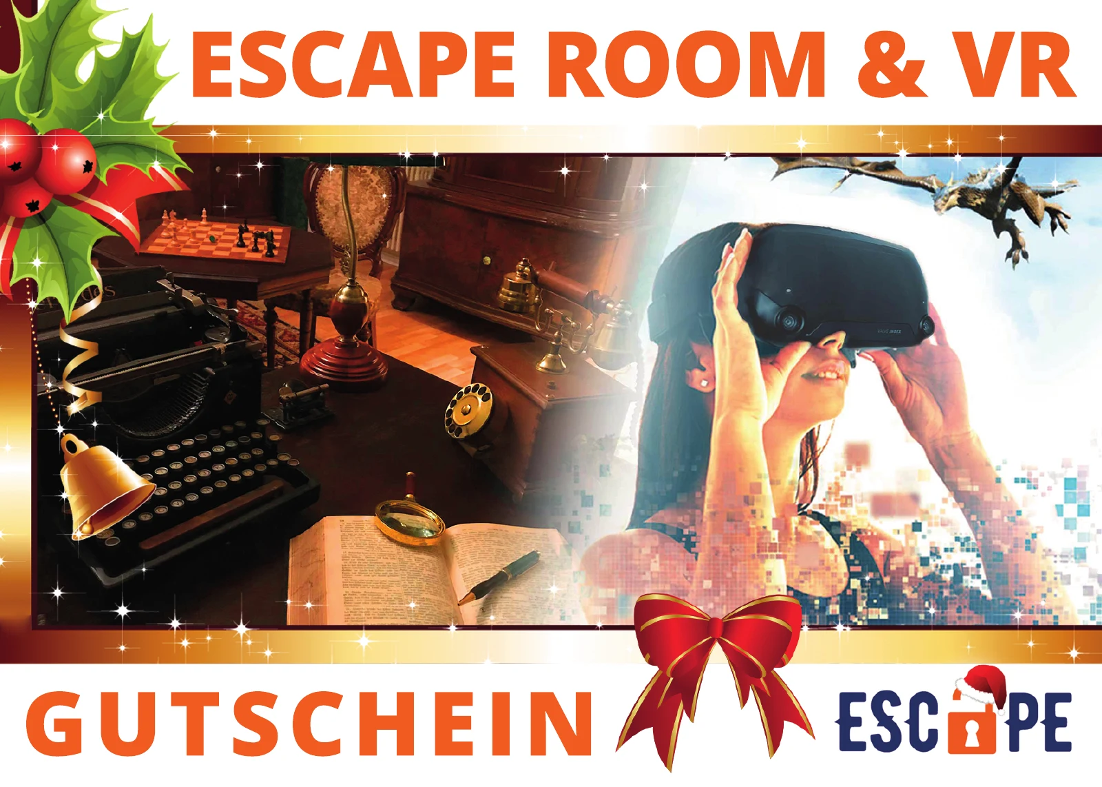 Christmas gift voucher design from Escape Nienburg for escape rooms and virtual reality