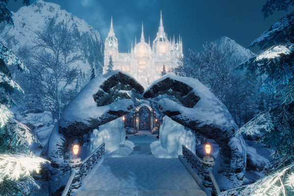 Frozen Castle: ice palace in snowy mountains