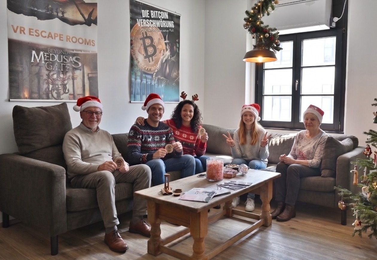 Weihnachtsfeier Nienburg, Team mit Weihnachtsmützen im Escape Room
